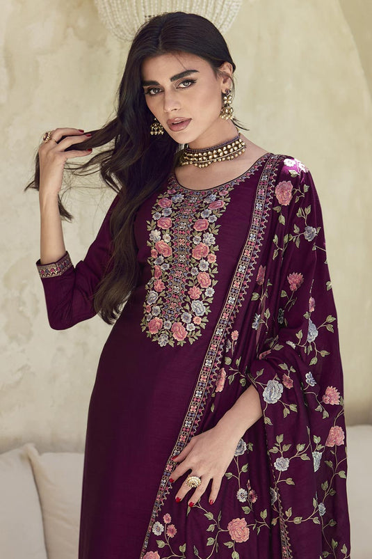 Art Silk Fabric Fancy Embroidered Function Wear Long Straight Cut Salwar Suit In Dark Magenta Color