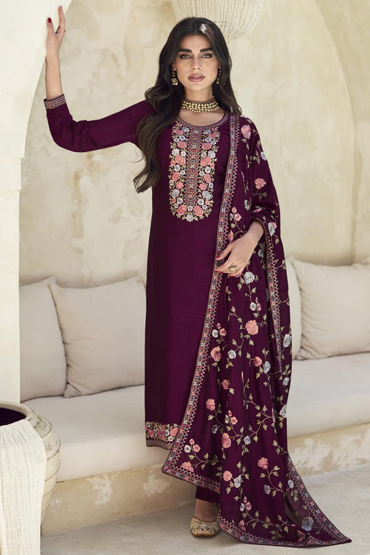 Art Silk Fabric Fancy Embroidered Function Wear Long Straight Cut Salwar Suit In Dark Magenta Color