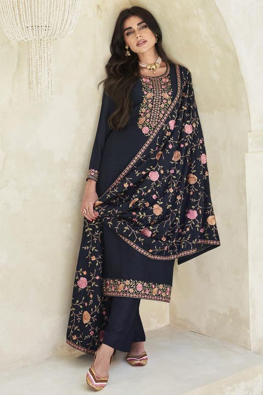 Navy Blue Color Festive Wear Embroidered Long Straight Cut Salwar Suit In Art Silk Fabric