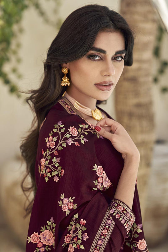 Function Wear Maroon Color Embroidered Long Straight Cut Salwar Suit Suit In Art Silk Fabric