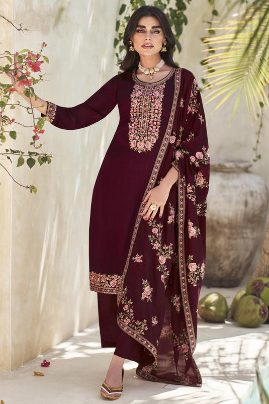 Function Wear Maroon Color Embroidered Long Straight Cut Salwar Suit In Art Silk Fabric