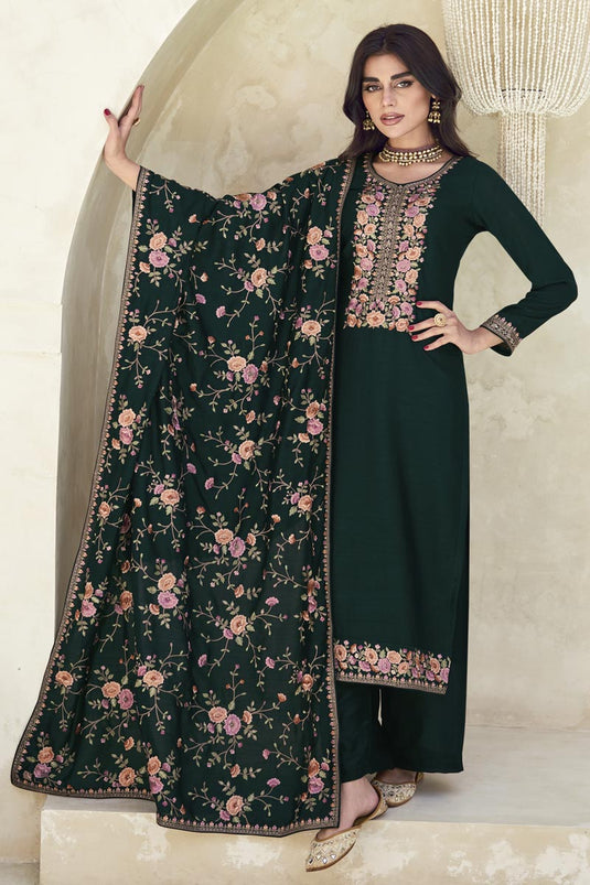 Embroidered Festive Wear Long Straight Cut Salwar Suit In Art Silk Fabric Dark Green Color
