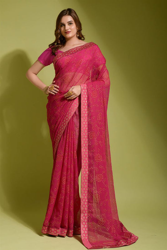 Pink Color Glittering Georgette Fabric Floral Printed Saree
