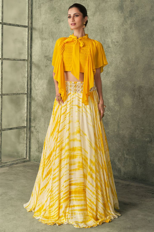 Readymade Yellow Color Haldi Function Lehenga In Georegtte Fabric
