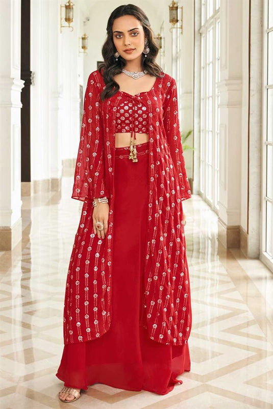 Red Color Glittering Georgette Fabric Embroidered Sharara Top Lehenga