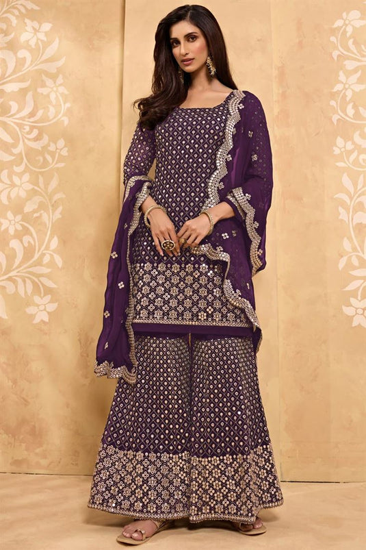 Tempting Purple Color Georgette Sharara Suit With Embroidered Work