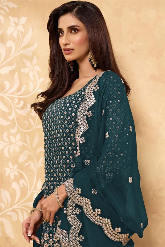 Engaging Teal Color Georgette Sharara Suit With Embroidered Work