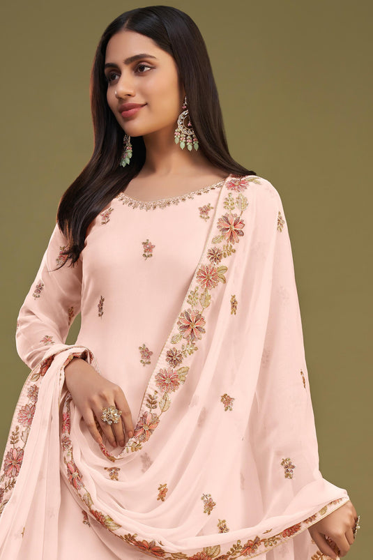 Georgette Fabric Embroidered Peach Color Festive Wear Palazzo Salwar Suit