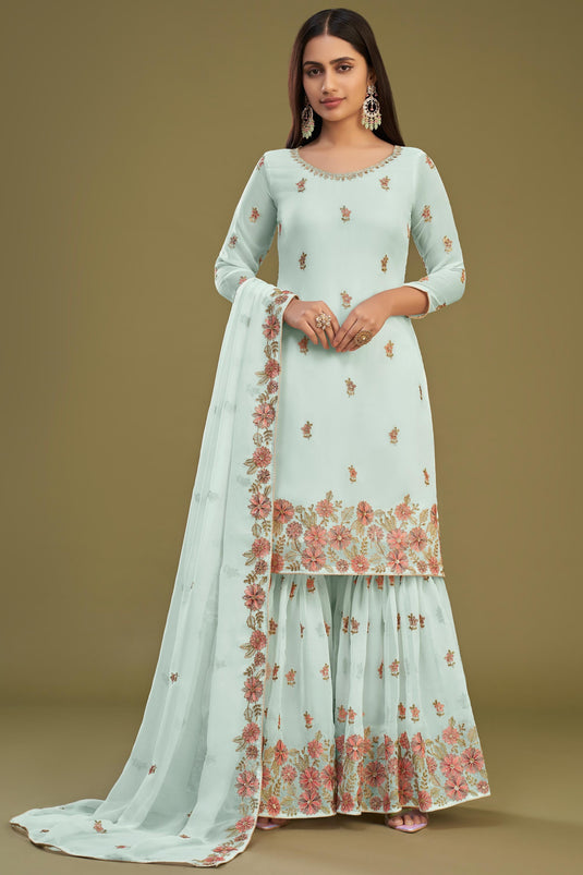 Embroidered Light Cyan Color Georgette Fabric Function Wear Palazzo Suit
