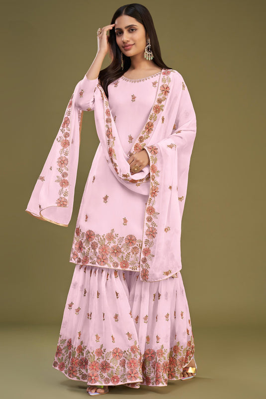 Georgette Embroidery Pakistani Suit In Rani Pink Colour