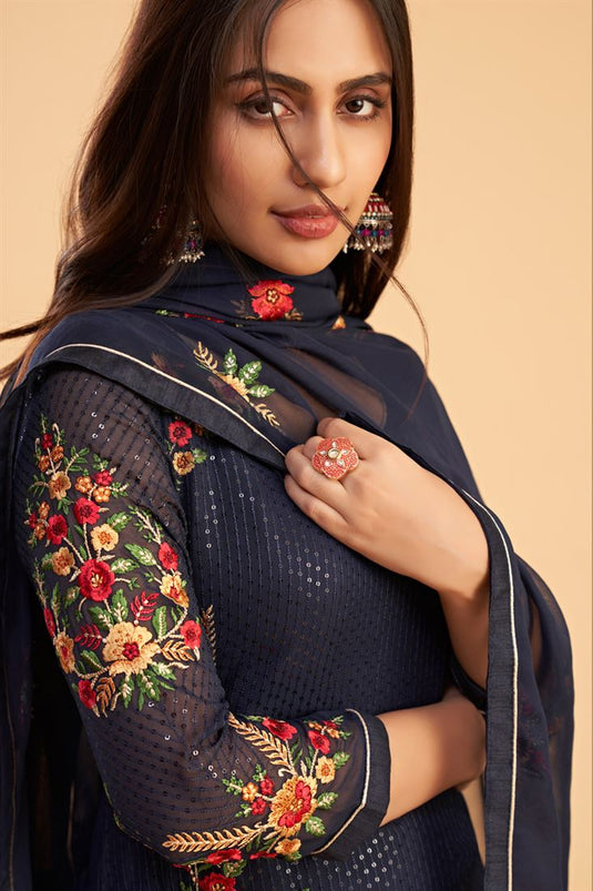 Georgette Function Look Beatific Salwar Suit In Navy Blue Color