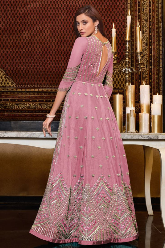 Charming Pink Color Net Fabric Function Wear Anarkali Suit