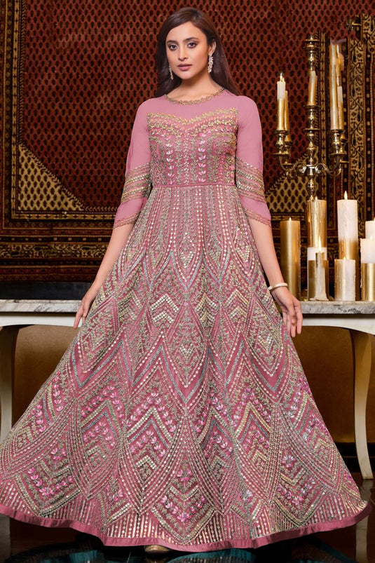 Charming Pink Color Net Fabric Function Wear Anarkali Suit