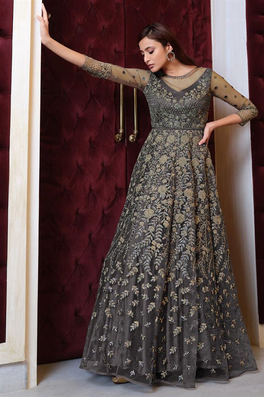 Sangeet Wear Grey Color Elegant Embroidered Gown Style Anarkali Suit Net Fabric