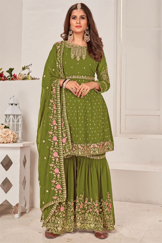 Green Color Georgette Fabric Function Wear Divine Sharara Suit