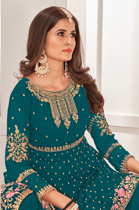 Function Wear Georgette Fabric Radiant Teal Color Sharara Suit