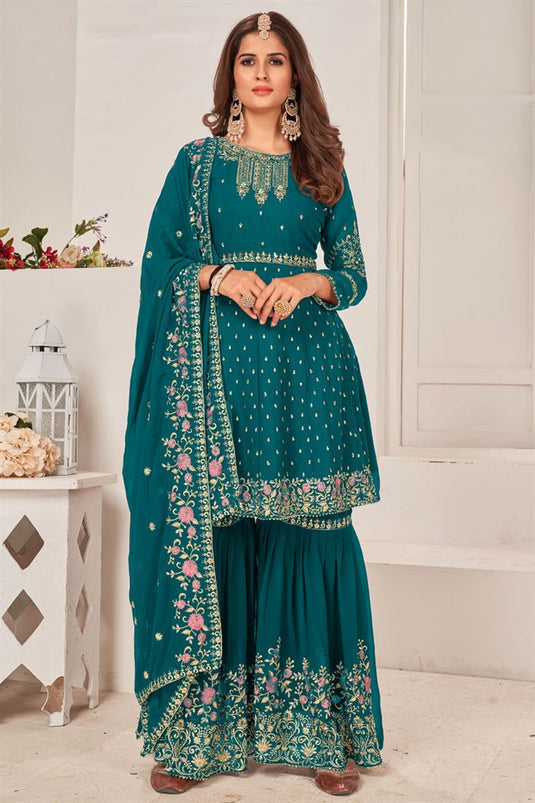 Function Wear Georgette Fabric Radiant Teal Color Sharara Suit