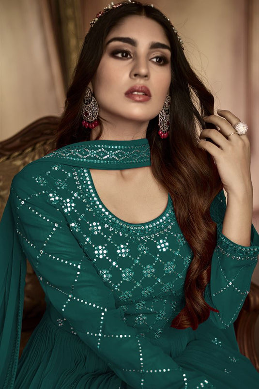 Engaging Teal Color Party Style Georgette Anarkali Suit