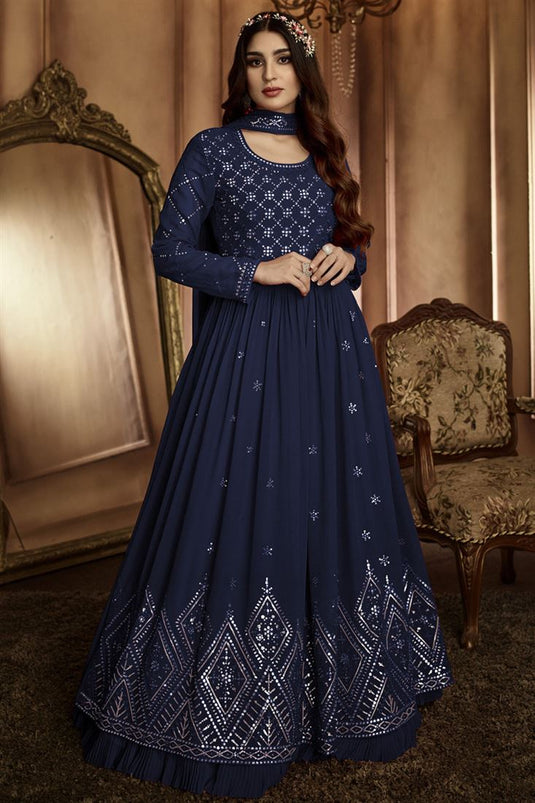 Fetching Georgette Party Style Anarkali Suit In Navy Blue Color