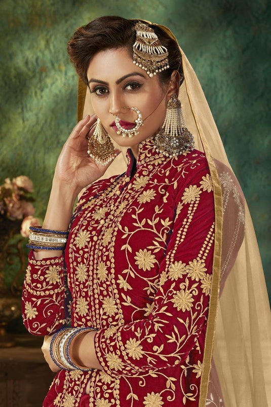 Fancy Red Embroidered Sangeet Wear Sharara Top Lehenga In Velvet Fabric