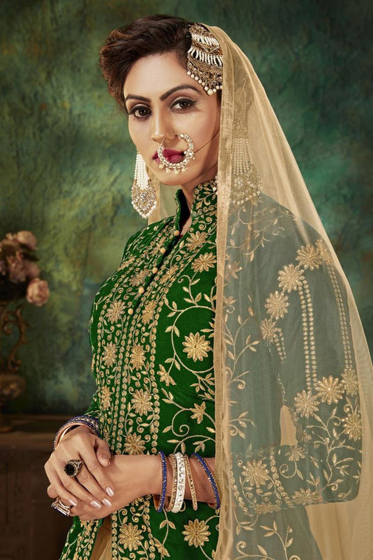 Velvet Fabric Fancy Sangeet Wear Green Embroidered Sharara Top Lehenga
