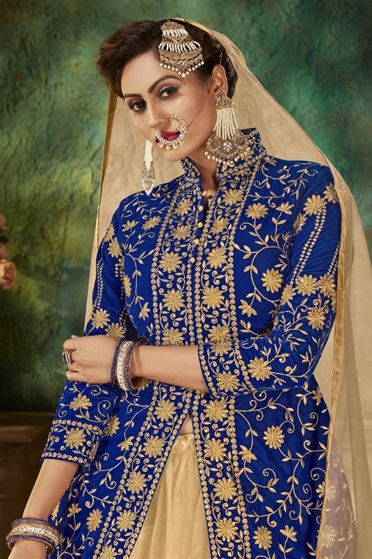 Fancy Sangeet Wear Velvet Fabric Embroidered Sharara Top Lehenga In Blue