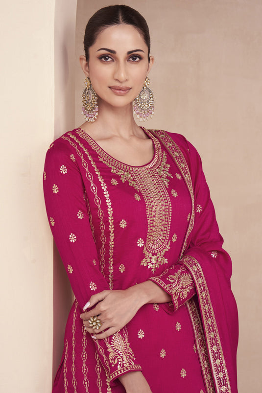 Rani Color Party Wear Embroidered Readymade Designer Palazzo Salwar Suit In Art Silk Fabric