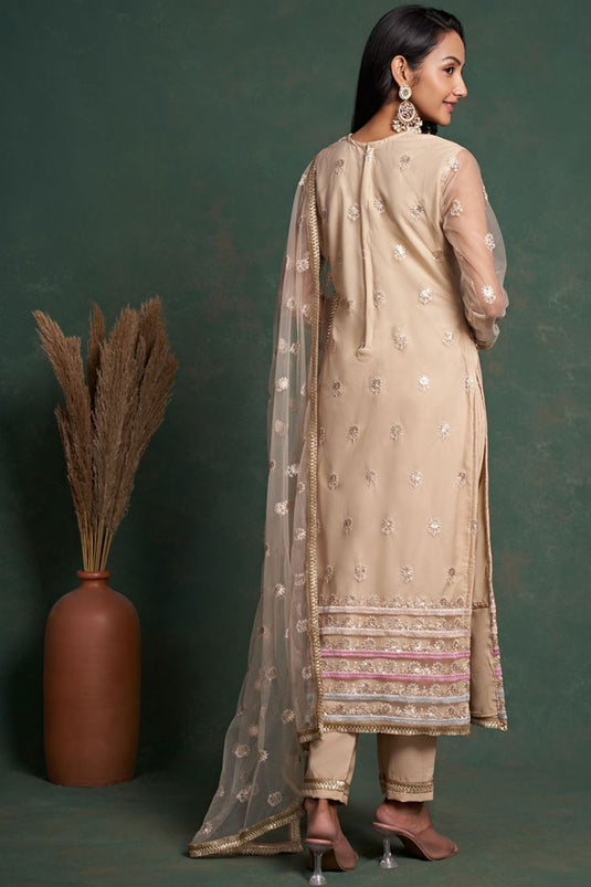 Dazzling Net Fabric Beige Color Function Wear Salwar Suit