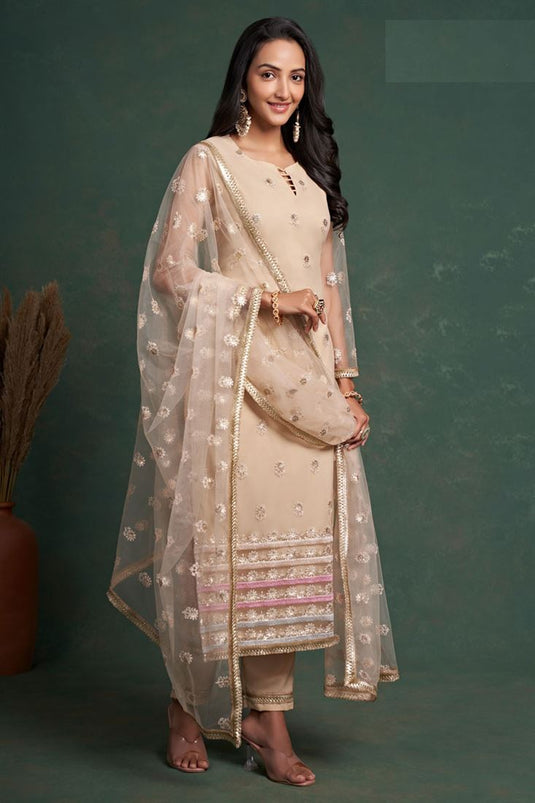 Dazzling Net Fabric Beige Color Function Wear Salwar Suit