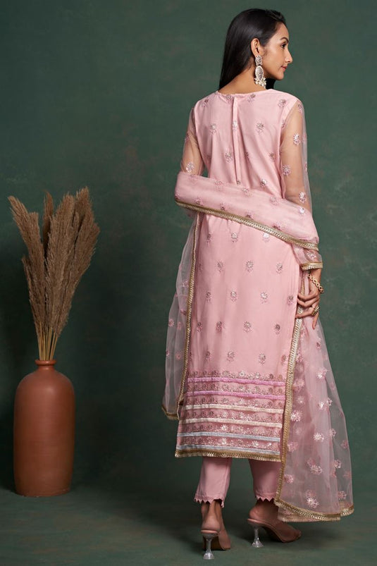 Net Fabric Pink Color Excellent Function Wear Salwar Suit