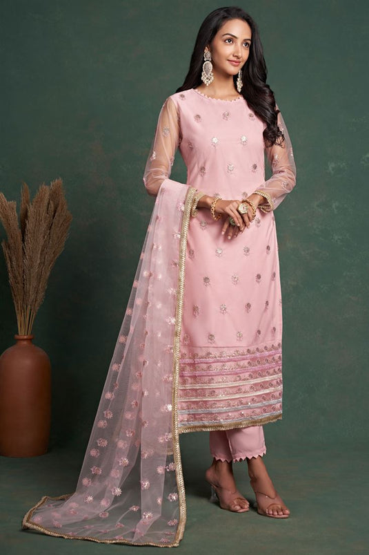 Net Fabric Pink Color Excellent Function Wear Salwar Suit