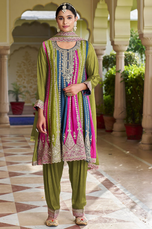 Green Color Chinon Fabric Fancy Embroidered Function Wear Readymade Designer Salwar Suit