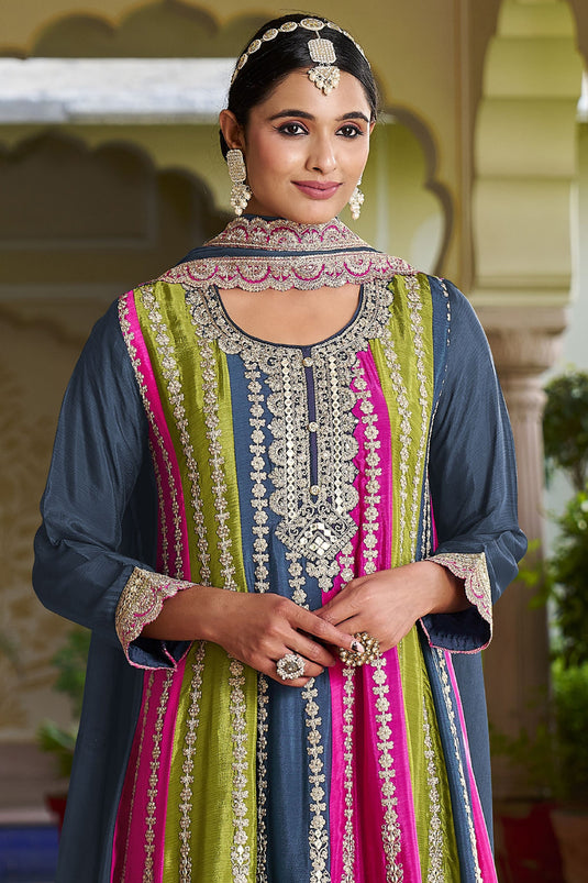 Embroidered Grey Color Function Wear Readymade Designer Salwar Suit In Chinon Fabric
