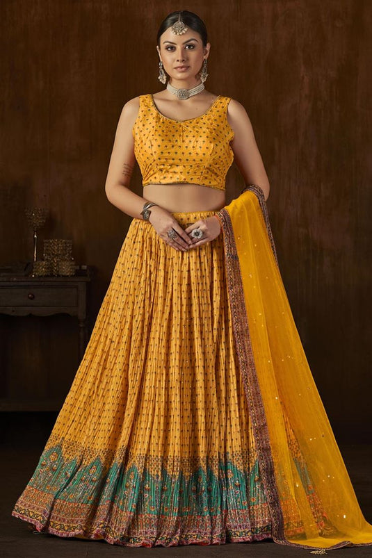 Georgette Fabric Yellow Color Riveting Lehenga With Digital Printed Work