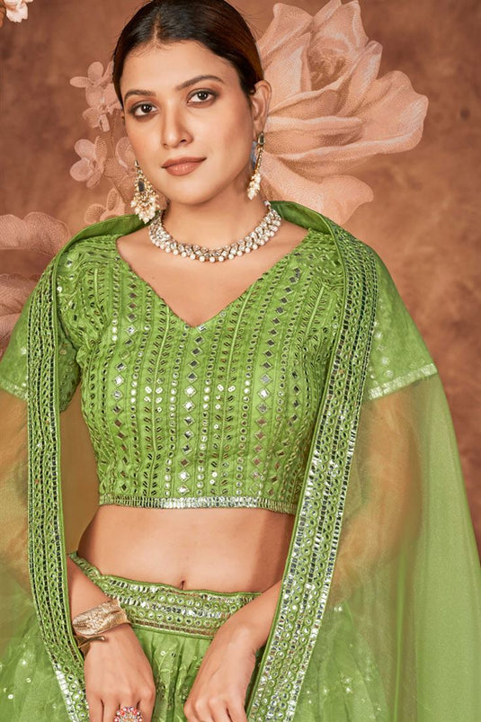 Green Color Splendid Function Wear Lehenga In Organza Fabric