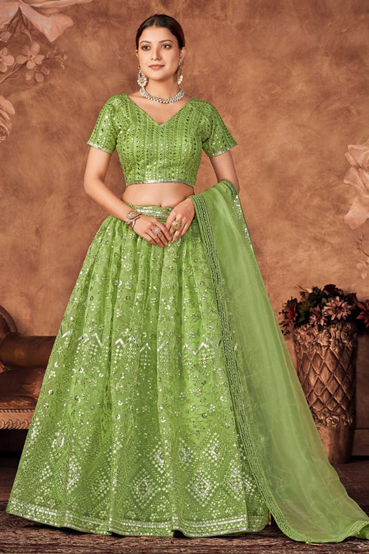 Green Color Splendid Function Wear Lehenga In Organza Fabric