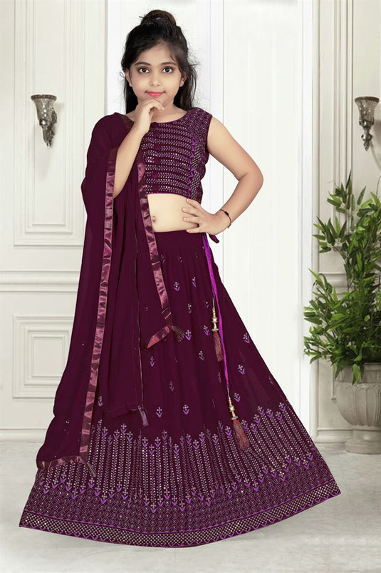 Enriching Wine Color Georgette Fabric Function Wear Embroidered Readymade Kids Lehenga Choli
