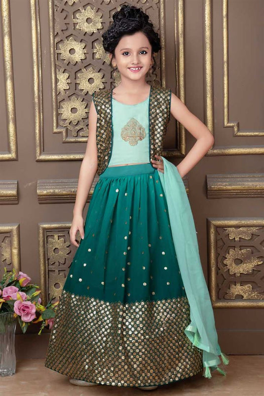 Stylish Green Georgette Fabric Embroidered Kids Lehenga Choli