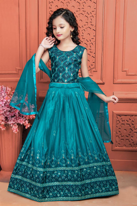 Teal Chinon Silk Fabric Wedding Wear Embroidered Kids Lehenga Choli