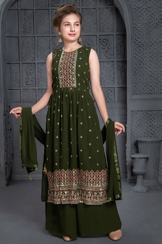 Georgette Fabric Captivating Mehendi Green Color Kids Palazzo Suit