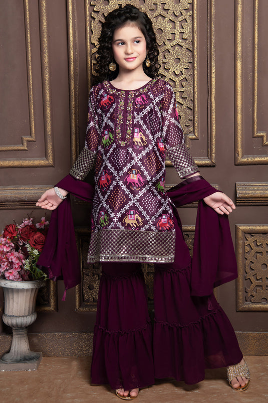 Sangeet Wear Georgette Fabric Purple Color Captivating Readymade Kids Palazzo Salwar Kmaeez