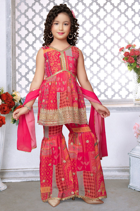 Rani Color Georgette Fabric Function Wear Embroidered Kids Readymade Sharara Salwar Suit