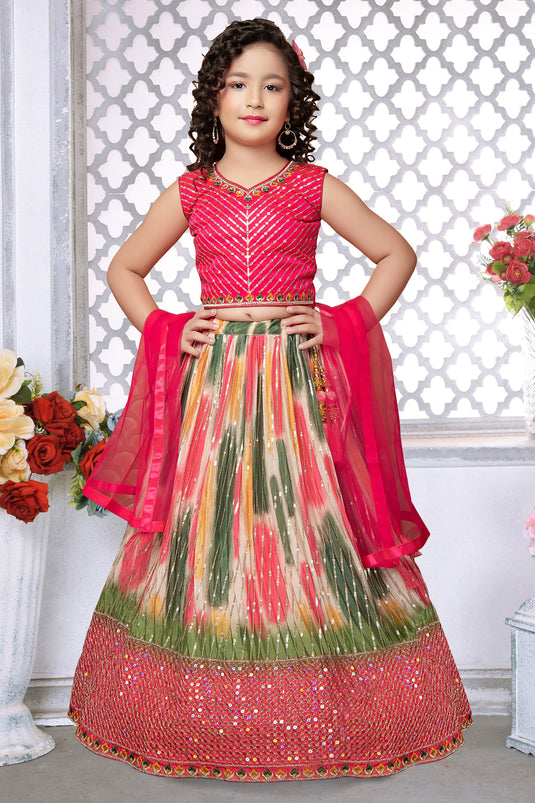 Chinon Engaging Rani Color Festive Wear Embroidered Kids Readymade Lehenga Choli