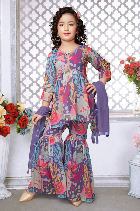 Sangeet Wear Georgette Fabric Blue Color Captivating Kids Readymade Sharara Salwar Kameez