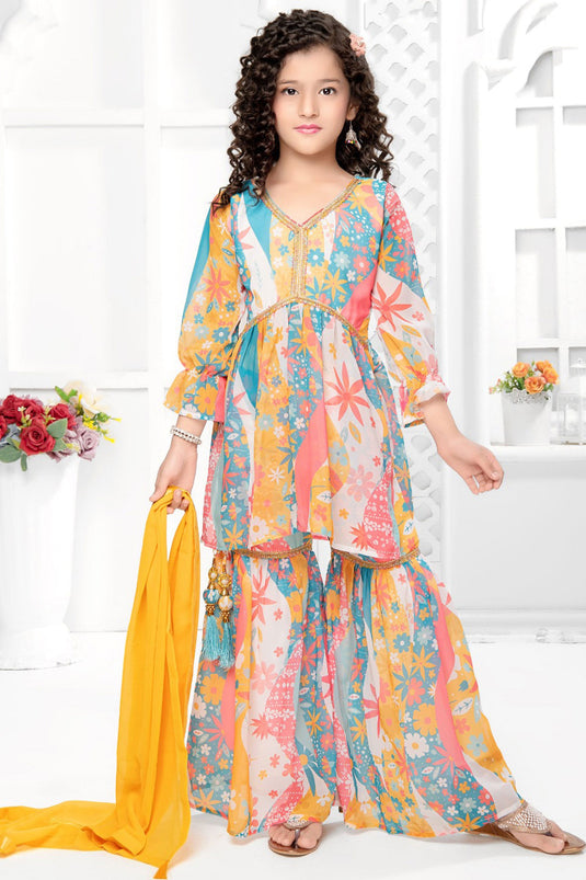 Multi Color Georgette Fabric Function Wear Digital Flower Print Readymade Kids Sharara Suit