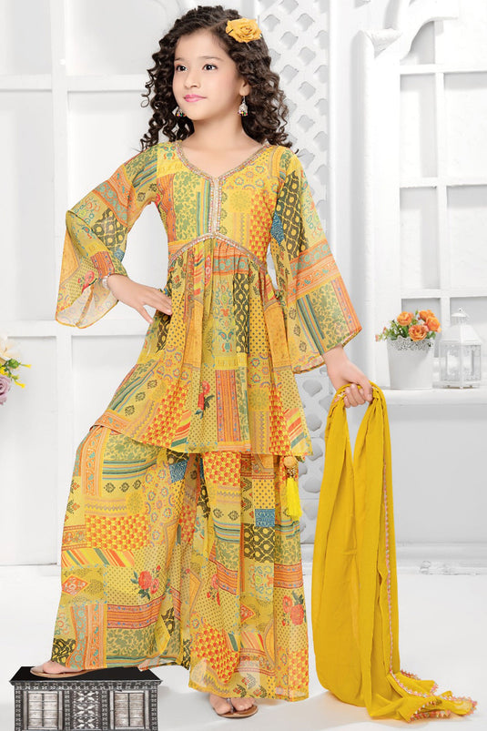 Georgette Engaging Mustard Color Function Wear Digital Flower Print Readymade Kids Sharara Suit