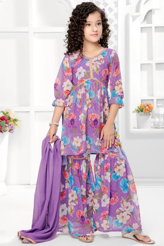 Function Wear Georgette Fabric Lavender Color Digital Flower Print Readymade Kids Sharara Suit