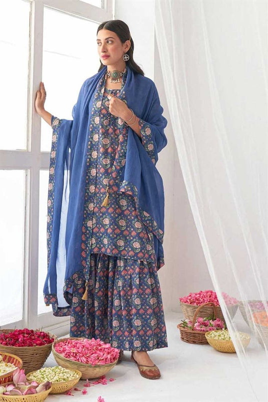 Charming Blue Color Muslin Fabric Printed Sharara Suit