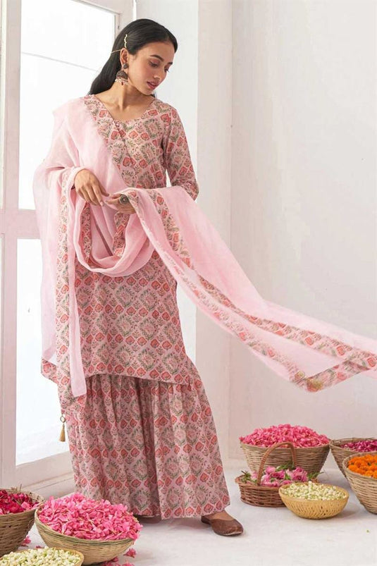 Muslin Fabric Pink Color Supreme Printed Sharara Suit