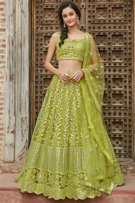 Fascinate Green Embroidered Function Wear Lehenga Choli In Organza Fabric